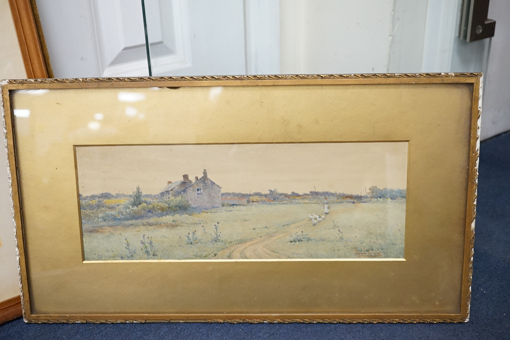 Harry E. James (act.1888-1902), watercolour, Woman with chickens in a landscape, signed, 12.5 x 35cm, gilt framed. Condition - fair